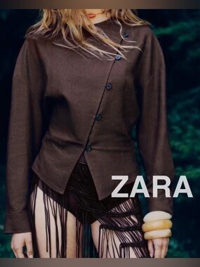 ZARA Brown Linen Asymmetric Wrap Button Jacket -Size M - NEW